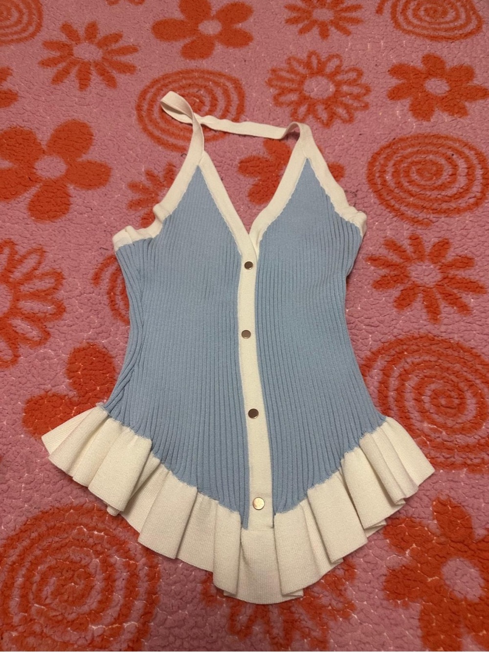 Blue and Cream Ribbed Halter Tank with Ruffle Hem